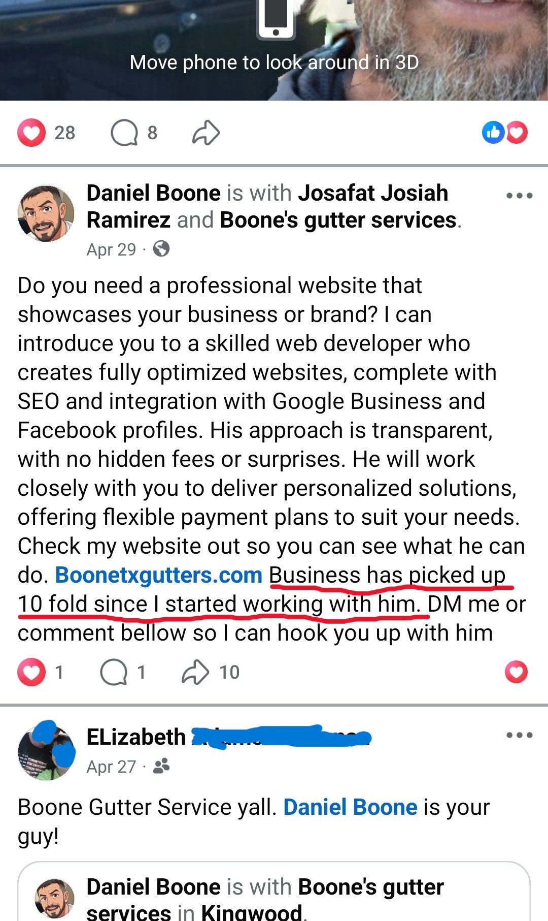 Facebook post from Daniel Boone: 'Business has picked up 10 fold since I started working with him.'
