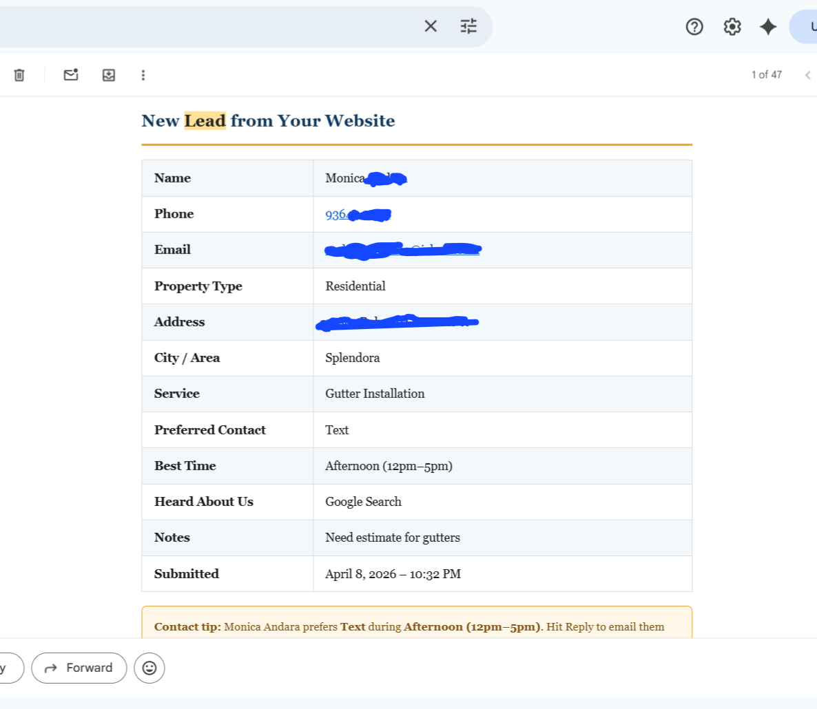 Email notification: 'New Lead from Your Website' (gutter installation request from Splendora, TX).